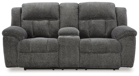 Frohn Graphite Manual Reclining Loveseat with Console by Ashley at Eve Furniture
