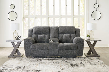 Frohn Graphite Manual Reclining Loveseat with Console by Ashley at Eve Furniture