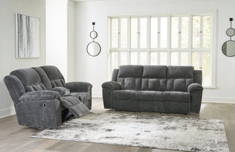 Frohn Graphite Manual Reclining Sofa and Loveseat by Ashley at Eve Furniture