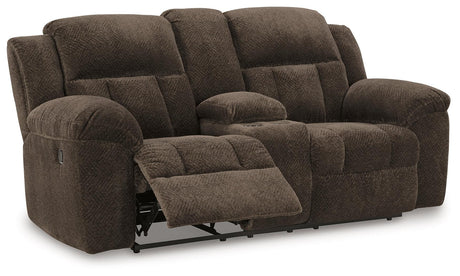 Frohn Chocolate Manual Reclining Loveseat with Console by Ashley at Eve Furniture
