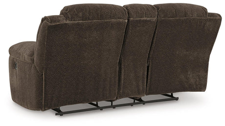 Frohn Chocolate Manual Reclining Loveseat with Console by Ashley at Eve Furniture