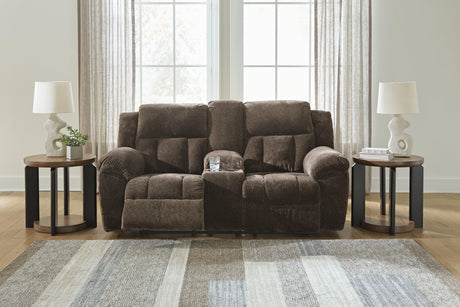 Frohn Chocolate Manual Reclining Loveseat with Console by Ashley at Eve Furniture