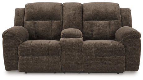 Frohn Chocolate Manual Reclining Loveseat with Console by Ashley at Eve Furniture