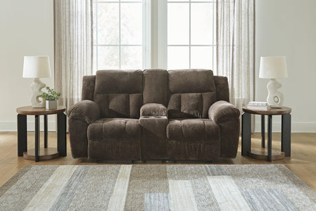 Frohn Chocolate Manual Reclining Loveseat with Console by Ashley at Eve Furniture