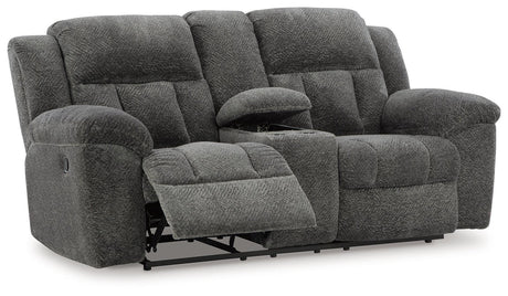 Frohn Graphite Manual Reclining Loveseat with Console by Ashley at Eve Furniture