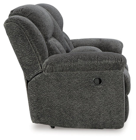 Frohn Graphite Manual Reclining Loveseat with Console by Ashley at Eve Furniture