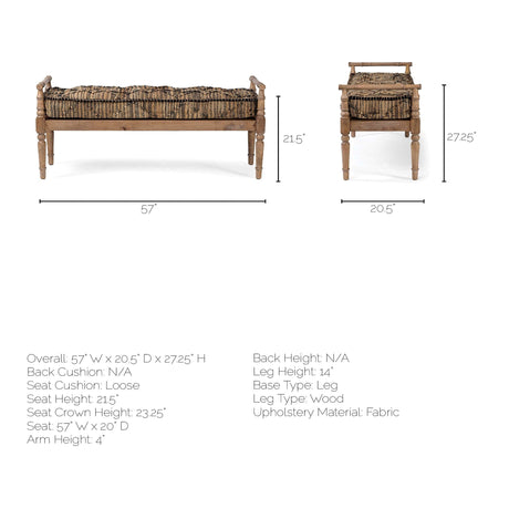 Fullerton II Jute Patterned Top W/Brown Wood Base Accent Bench by Mercana at Eve Furniture
