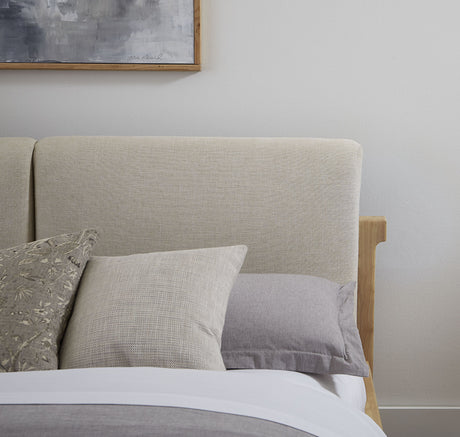 Furano California King Upholstered Two Cushion Platform Bed in Ginger and Natural Linen by Modus Furniture at Eve Furniture