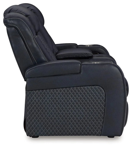 Fyne-Dyme Sapphire Dual Power Reclining Loveseat with Console by Ashley at Eve Furniture