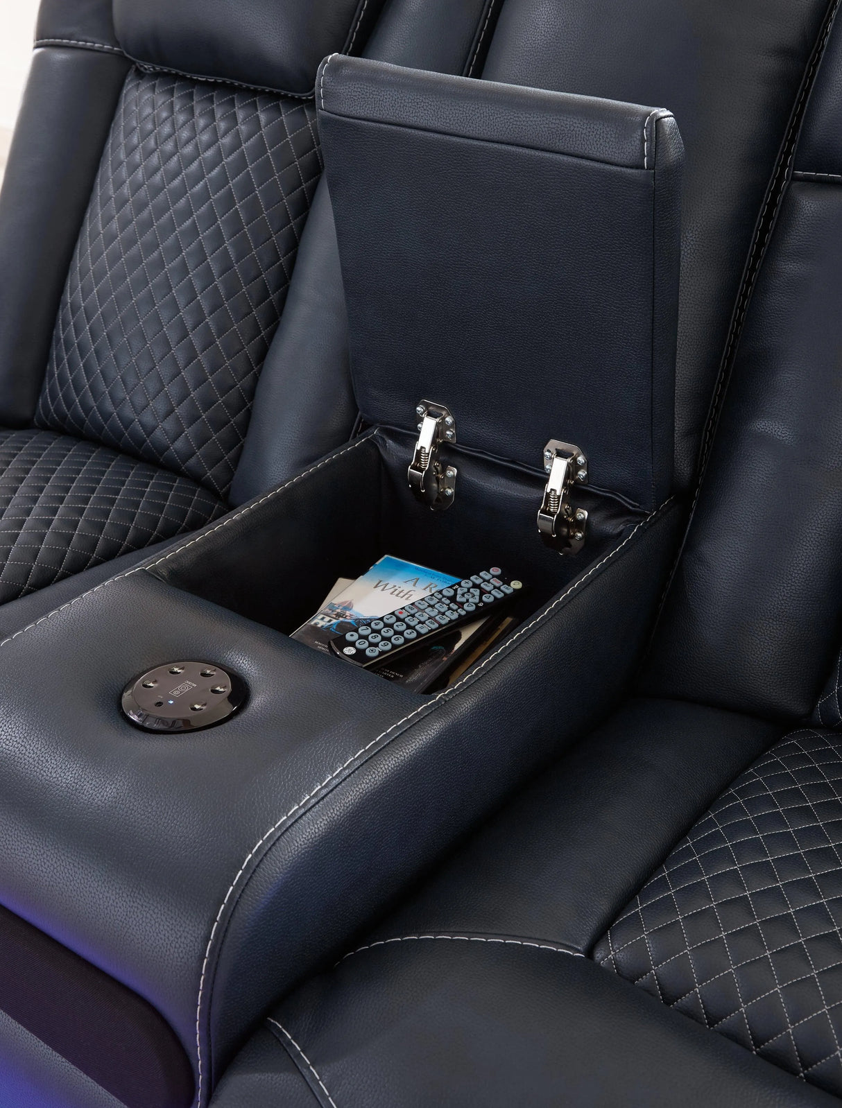 Fyne-Dyme Sapphire Dual Power Reclining Loveseat with Console by Ashley at Eve Furniture