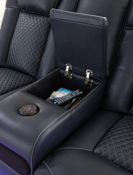 Fyne-Dyme Sapphire Dual Power Reclining Loveseat with Console by Ashley at Eve Furniture