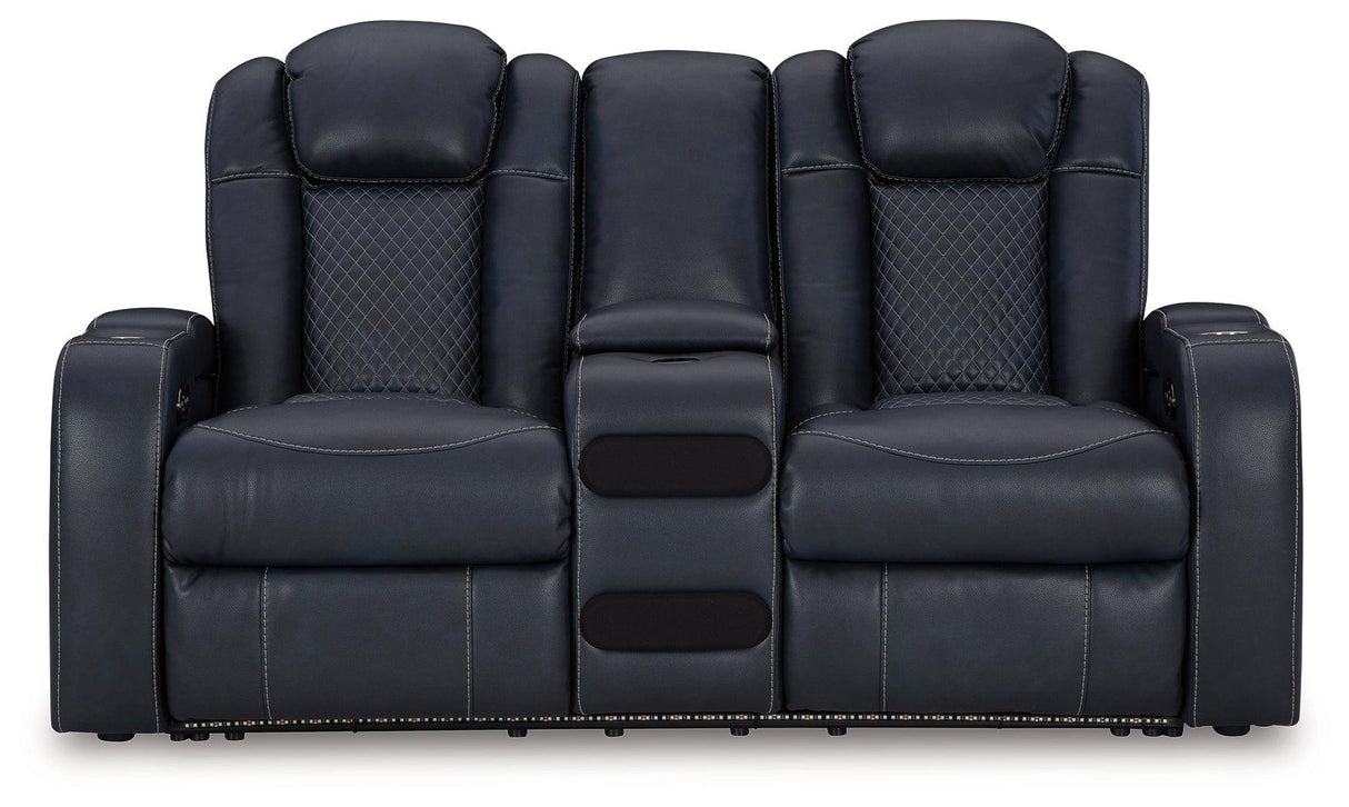 Fyne-Dyme Sapphire Dual Power Reclining Loveseat with Console by Ashley at Eve Furniture