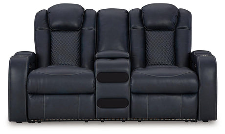 Fyne-Dyme Sapphire Dual Power Reclining Loveseat with Console by Ashley at Eve Furniture
