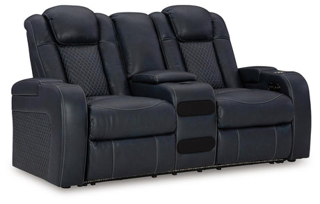 Fyne-Dyme Sapphire Dual Power Reclining Loveseat with Console by Ashley at Eve Furniture