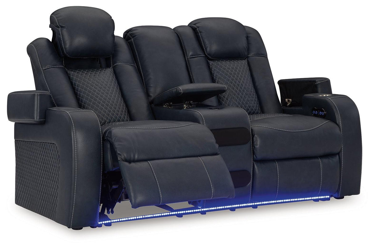 Fyne-Dyme Sapphire Dual Power Reclining Loveseat with Console by Ashley at Eve Furniture