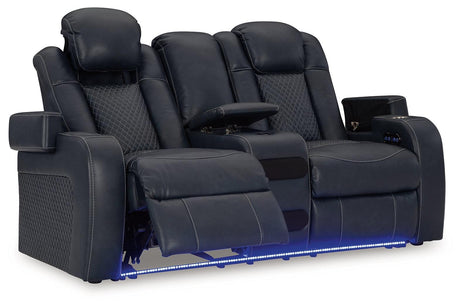 Fyne-Dyme Sapphire Dual Power Reclining Loveseat with Console by Ashley at Eve Furniture
