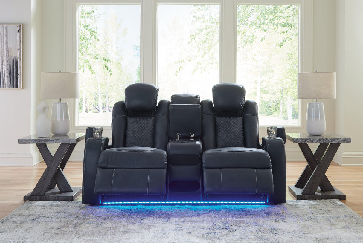 Fyne-Dyme Sapphire Dual Power Reclining Loveseat with Console by Ashley at Eve Furniture