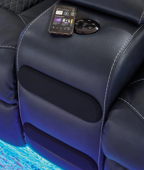 Fyne-Dyme Sapphire Dual Power Reclining Loveseat with Console by Ashley at Eve Furniture