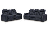Fyne-Dyme Sapphire Dual Power Reclining Sofa and Loveseat by Ashley at Eve Furniture