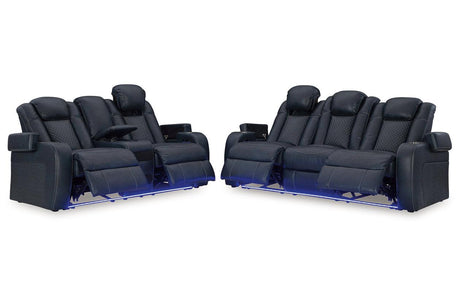 Fyne-Dyme Sapphire Dual Power Reclining Sofa and Loveseat by Ashley at Eve Furniture