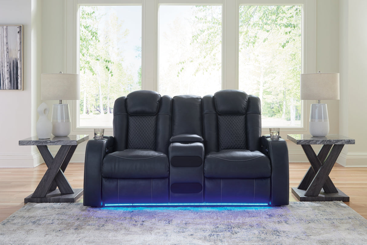 Fyne-Dyme Sapphire Power Reclining Loveseat with Console