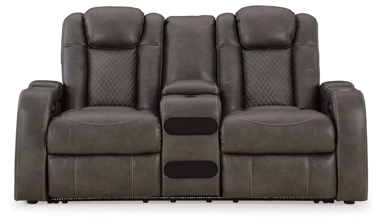 Fyne-Dyme Shadow Dual Power Reclining Loveseat with Audio Console by Ashley at Eve Furniture