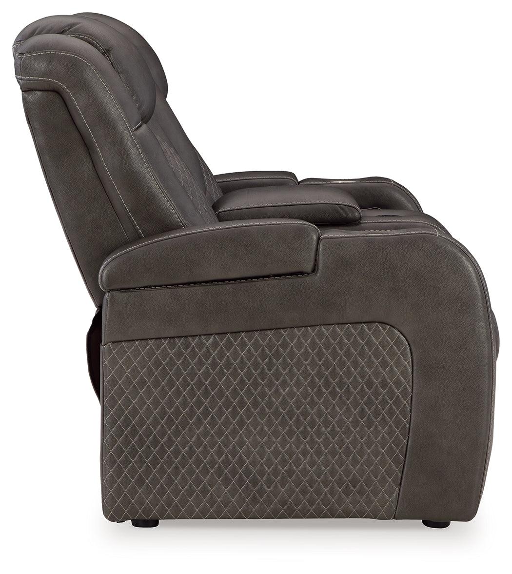 Fyne-Dyme Shadow Dual Power Reclining Loveseat with Audio Console by Ashley at Eve Furniture