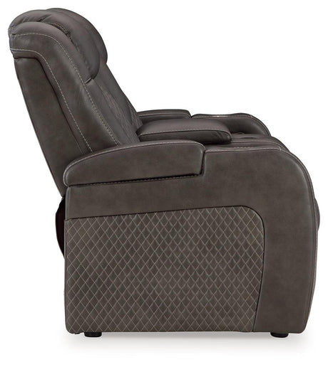 Fyne-Dyme Shadow Dual Power Reclining Loveseat with Audio Console by Ashley at Eve Furniture