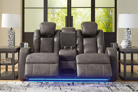 Fyne-Dyme Shadow Dual Power Reclining Loveseat with Audio Console by Ashley at Eve Furniture