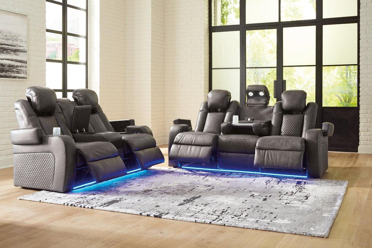 Fyne-Dyme Shadow Power Reclining Sofa and Loveseat by Ashley at Eve Furniture