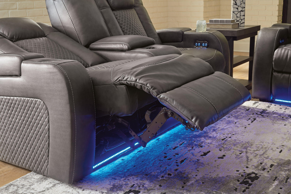 Fyne-Dyme Shadow Dual Power Reclining Loveseat with Audio Console by Ashley at Eve Furniture