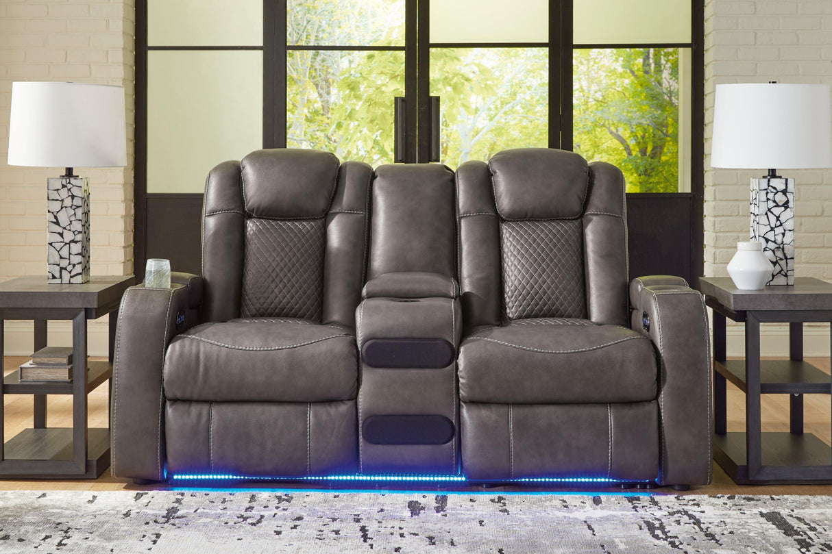 Fyne-Dyme Shadow Dual Power Reclining Loveseat with Audio Console by Ashley at Eve Furniture