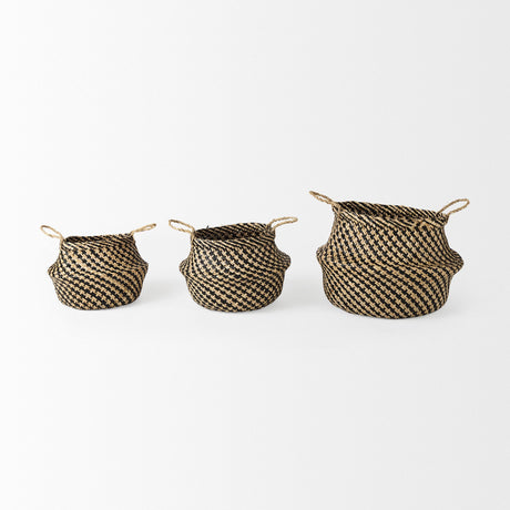 Gaia (Set of 3) Light and Dark Brown Cross Patterend Belly Seagrass Basket by Mercana at Eve Furniture