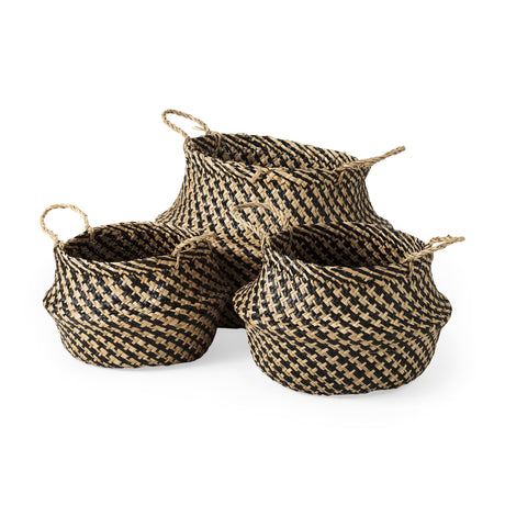 Gaia (Set of 3) Light and Dark Brown Cross Patterend Belly Seagrass Basket by Mercana at Eve Furniture