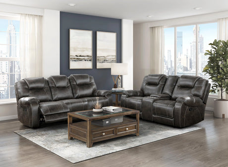 Gainesville Chocolate Double Reclining Loveseat with Center Console by Homelegance at Eve Furniture