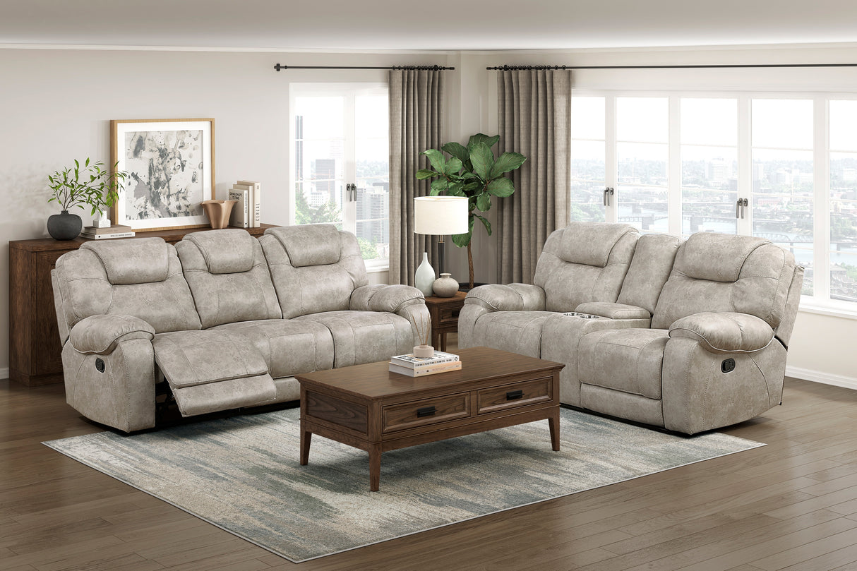 Gainesville Pewter Double Reclining Sofa and Loveseat by Homelegance at Eve Furniture