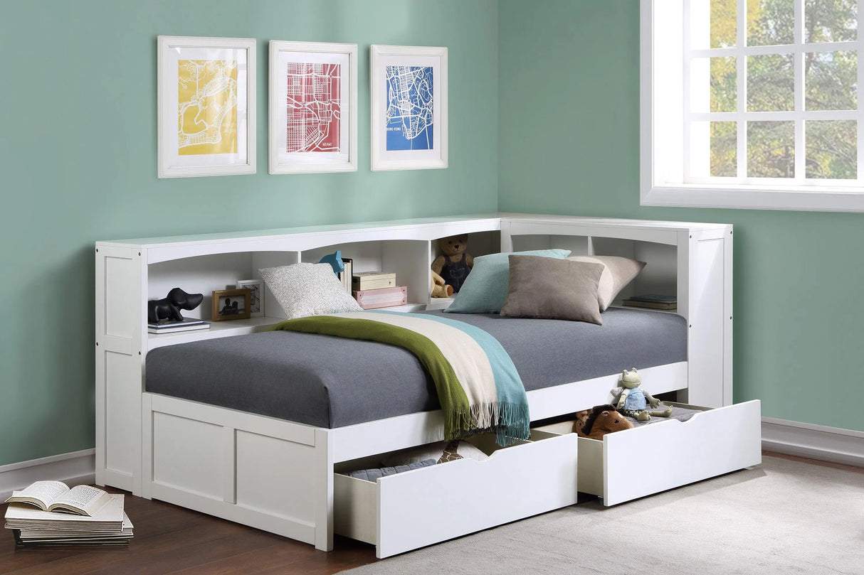 Galen White Twin Bookcase Corner Bed with Storage Boxes by Homelegance at Eve Furniture