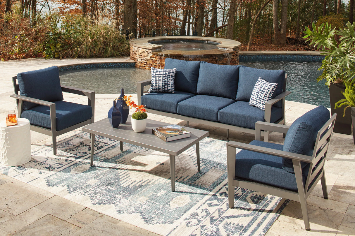 Gali Gray/Blue Outdoor Sofa/Chairs/Table Set (Set of 4) by Ashley at Eve Furniture