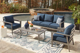 Gali Gray/Blue Outdoor Sofa/Chairs/Table Set (Set of 4) by Ashley at Eve Furniture