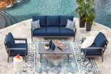 Gali Gray/Blue Outdoor Sofa/Chairs/Table Set (Set of 4) by Ashley at Eve Furniture