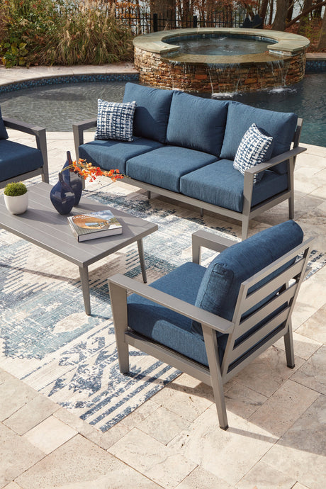 Gali Gray/Blue Outdoor Sofa/Chairs/Table Set (Set of 4) by Ashley at Eve Furniture