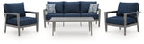 Gali Gray/Blue Outdoor Sofa/Chairs/Table Set (Set of 4) by Ashley at Eve Furniture