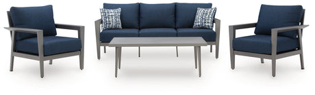 Gali Gray/Blue Outdoor Sofa/Chairs/Table Set (Set of 4) by Ashley at Eve Furniture