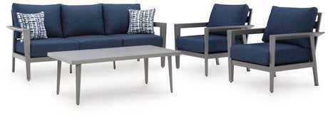Gali Gray/Blue Outdoor Sofa/Chairs/Table Set (Set of 4) by Ashley at Eve Furniture