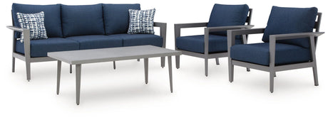 Gali Gray/Blue Outdoor Sofa/Chairs/Table Set (Set of 4) by Ashley at Eve Furniture