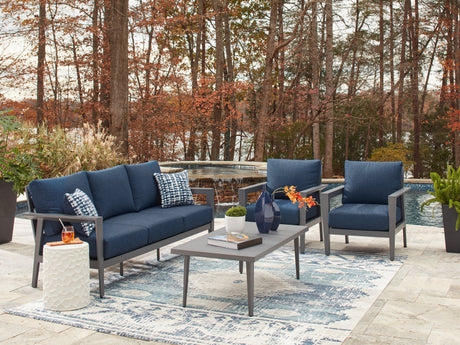 Gali Gray/Blue Outdoor Sofa/Chairs/Table Set (Set of 4) by Ashley at Eve Furniture