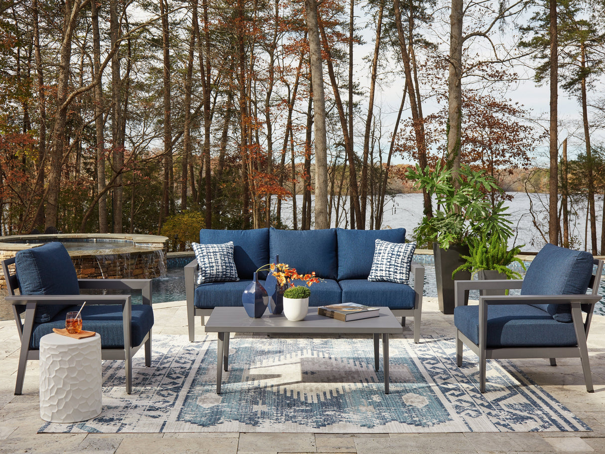 Gali Gray/Blue Outdoor Sofa/Chairs/Table Set (Set of 4) by Ashley at Eve Furniture