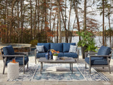 Gali Gray/Blue Outdoor Sofa/Chairs/Table Set (Set of 4) by Ashley at Eve Furniture