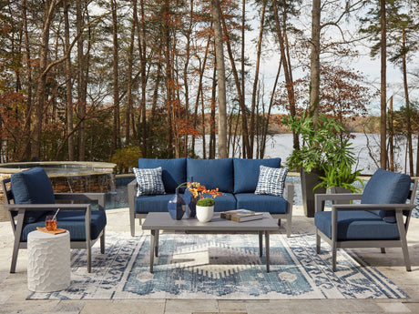 Gali Gray/Blue Outdoor Sofa/Chairs/Table Set (Set of 4) by Ashley at Eve Furniture