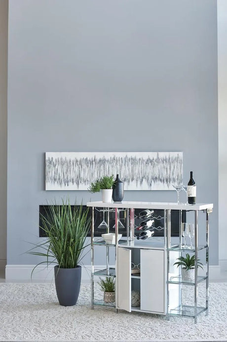 Gallimore High Glossy White/Chrome 2-Door Bar Cabinet with Glass Shelf by Coaster at Eve Furniture